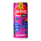 A 250ml bottle of Rauch - Bravo Blueberry juice from Rauch, displaying blueberries and the word "blueberry" on the front.